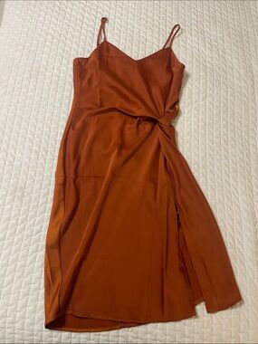 Rust Satin Slip Dress with Side Twist and Leg Slit